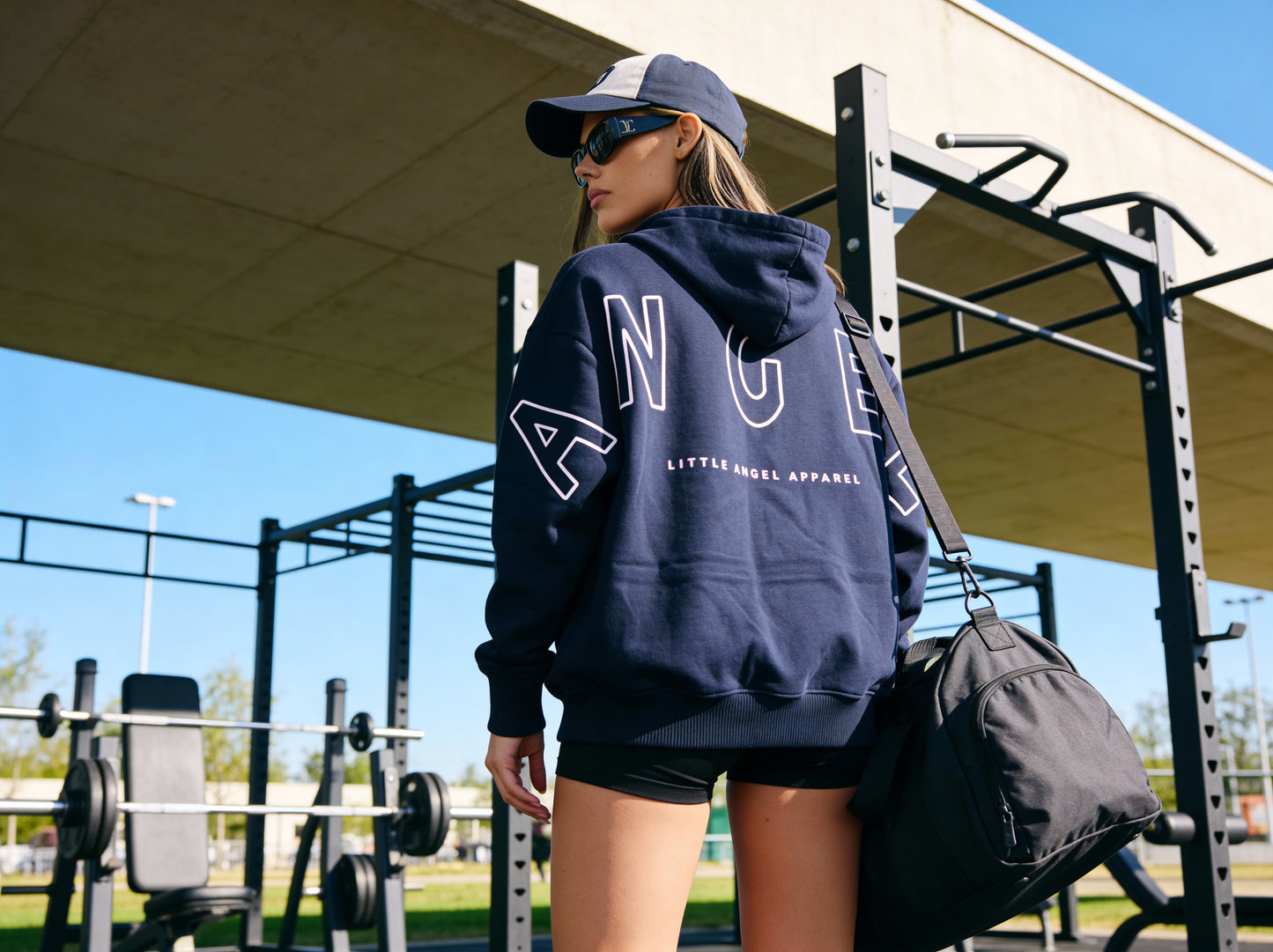 NAVY BLUE GEMINI - Peach Finish Oversized Hoodie with OUTLINE Text